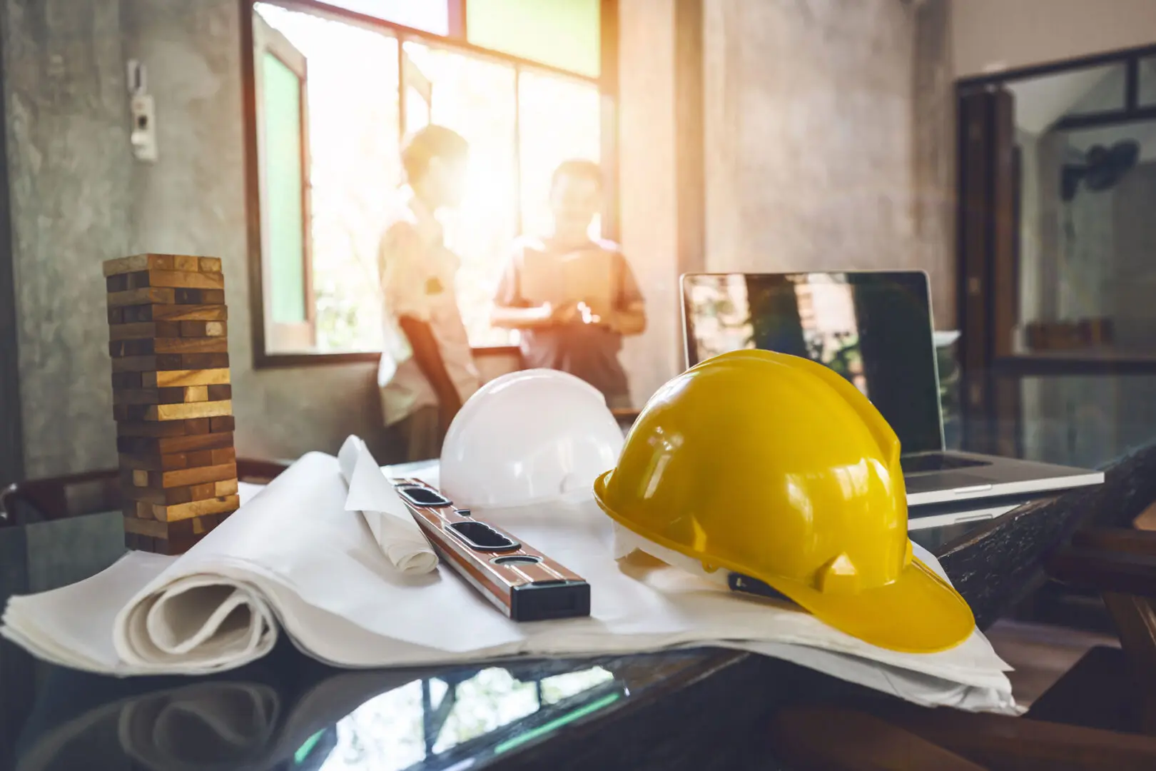 Business engineer contractor who contracts to supplies consulting about working their job at construction site office headquarters.